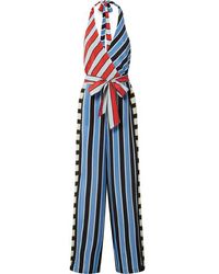 Alice + Olivia Keesha Wrap-effect Striped Cupro Halterneck Jumpsuit - Blue
