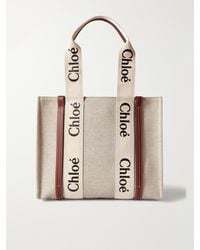 Chloé - Woody Medium Leather And Webbing-Trimmed Linen Tote - Lyst