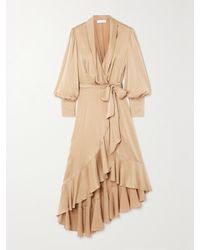 Zimmermann - Asymmetric Ruffled Duchesse Silk-Satin Midi Wrap Dress - Lyst