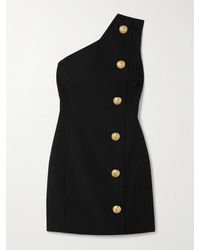Balmain - One-Shoulder Button-Embellished Grain De Poudre Wool Mini Dress - Lyst