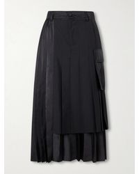 Sacai - Pleated Twill And Shell Midi Skirt - Lyst