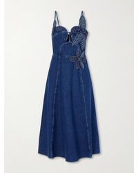 FARM Rio - Floral-Appliquéd Denim Midi Dress - Lyst