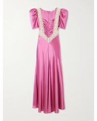 Rodarte - Ruched Embroidered Lace-Trimmed Silk-Twill Maxi Dress - Lyst