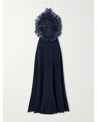 Violante Nessi - Open-Back Ruched Ruffled Organza-Trimmed Silk-Satin Halterneck Gown - Lyst