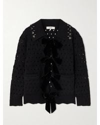 Sea - Leia Embellished Velvet-Trimmed Open-Knit Wool Cardigan - Lyst
