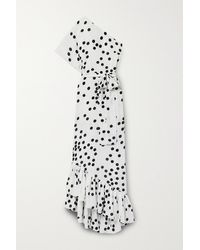 Monique Lhuillier One-shoulder Belted Ruffled Polka-dot Crepe Gown - White