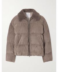 Brunello Cucinelli - Bead-Embellished Shearling-Trimmed Padded Quilted Suede Down Jacket - Lyst