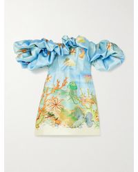 ALÉMAIS - Sam Pauletto Emerald Cove Off-The-Shoulder Gathered Printed Recycled Duchesse-Satin Mini Dress - Lyst