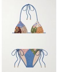Zimmermann - Lucky Patchwork Floral-Print Cotton And Chambray Triangle Bikini - Lyst