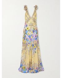 CAMILLA - Robe Longue En Satin De Soie À Imprimé Fleuri, Appliqués Et Cristaux - Lyst