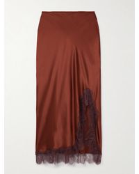 La Ligne - Demi Chantilly Lace-Trimmed Silk-Satin Midi Skirt - Lyst