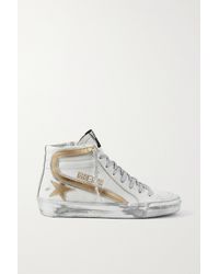 Golden Goose Slide Metallic Distressed Leather High-top Trainers - White