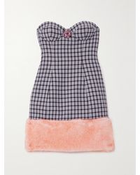 Area - Trägerloses Minikleid Aus Einer Wollmischung Mit Hahnentrittmuster, Faux-Fur-Besatz Und Verzierung - Lyst