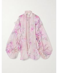 Zimmermann - Crush Tie-Neck Ruffled Floral-Print Linen And Silk-Blend Organza Blouse - Lyst
