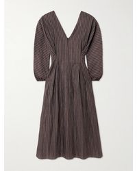 Abadia - Amaya Striped Pleated Linen-Blend Midi Dress - Lyst