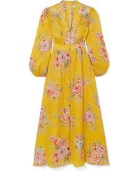 Zimmermann Robe Midi En Lin À Imprimé Fleuri Zinnia - Jaune