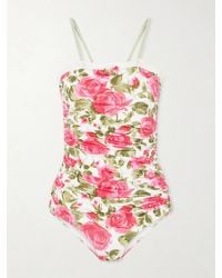 Chloé - Bow-Detailed Ruched Lace-Trimmed Floral-Print Swimsuit - Lyst