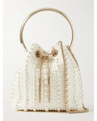 Jimmy Choo - Bon Bon Faux Pearl-Embellished Satin Bucket Bag - Lyst