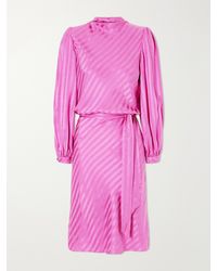 Valentino Garavani - Logo-Printed Belted Striped Silk Satin-Jacquard Midi Dress - Lyst