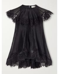 Zimmermann - Ascent Flutter Ruffled Cape-Effect Lace-Trimmed Linen And Silk-Blend Voile Blouse - Lyst