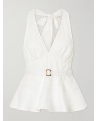 Self-Portrait - Belted Embroidered Linen And Cotton-Blend Peplum Top - Lyst