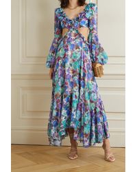 PATBO Cutout Ruffled Floral-print Jersey And Jacquard Maxi Dress - Blue