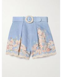 Zimmermann - Cascadian Belted Lace-Trimmed Pleated Floral-Print Linen Shorts - Lyst