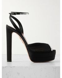 Aquazzura - Be Mine Plateau 130 Crystal-Embellished Grosgrain-Trimmed Pleated Chiffon Platform Sandals - Lyst