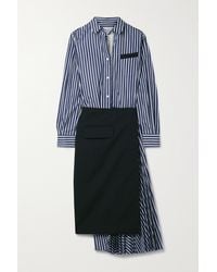 Sacai Layered Pleated Striped Cotton And Crepe Midi Wrap Dress - Blue