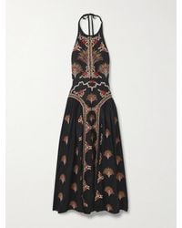 Agua Bendita - Balsa Pleated Embroidered Linen Halterneck Midi Dress - Lyst