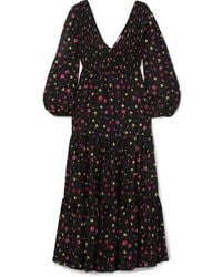 RIXO London Lottie Shirred Floral-print Cotton And Silk-blend Midi Dress - Black