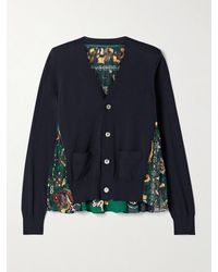 Sacai - Paneled Cotton, Printed Satin And Pleated Chiffon Cardigan - Lyst