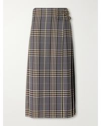 Burberry - Pleated Checked Wool Midi Skirt - Lyst