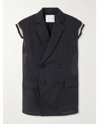 Sacai - Doublre-Breasted Canvas-Trimmed Pinstriped Cotton-Voile Vest - Lyst