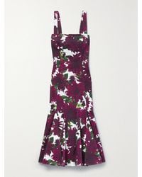 Oscar de la Renta - Dahlia Floral-Print Cotton-Blend Twill Midi Dress - Lyst
