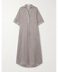 Brunello Cucinelli - Oversized Bead-Embellished Striped Linen And Silk-Blend Organza Maxi Shirt Dress - Lyst