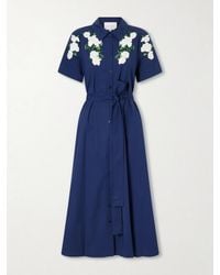 Carolina Herrera - Belted Floral-Embroidered Cotton-Blend Midi Dress - Lyst