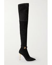 Balmain Raven Logo-embellished Stretch-suede Over-the-knee Boots - Black