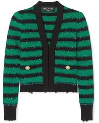 Balmain Blazer Aus Gestreiftem Stretch-strick Mit Verzierungen - Grün