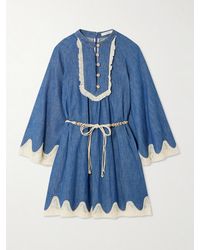 Zimmermann - Awaken Belted Lace-Trimmed Denim Mini Dress - Lyst