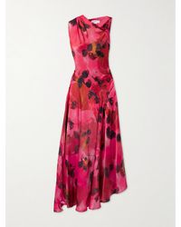Victoria Beckham - Midikleid Aus Satin Mit Blumenprint Und Raffungen - Lyst