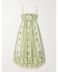 Agua Bendita - Barbara Midikleid Aus Leinen Mit Blumenprint, Zierperlen Und Falten - Lyst