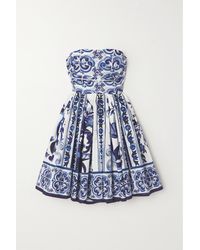 Dolce & Gabbana Strapless Pleated Printed Cotton-poplin Mini Dress - Blue