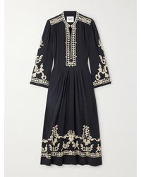 Isabel Marant - Embroidered Pleated Crepe Midi Dress - Lyst