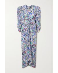 Isabel Marant Albi Ruched Printed Silk-blend Crepe Midi Dress - Blue