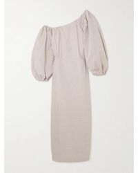 BERNADETTE - Cara Off-The-Shoulder Gathered Striped Cotton-Seersucker Midi Dress - Lyst
