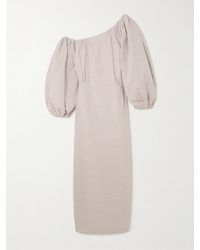 BERNADETTE - Robe Midi Épaules Nues En Crépon De Coton À Rayures Et À Fronces Cara - Lyst