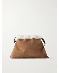 Brunello Cucinelli - Bead-Embellished Shearling-Trimmed Full-Grain Leather Clutch - Lyst