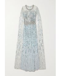 Jenny Packham Lux Cape-effect Embellished Tulle And Chiffon Gown - Blue