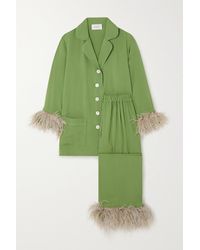 Sleeper + Net Sustain Party Feather-trimmed Crepe De Chine Pajama Set - Green